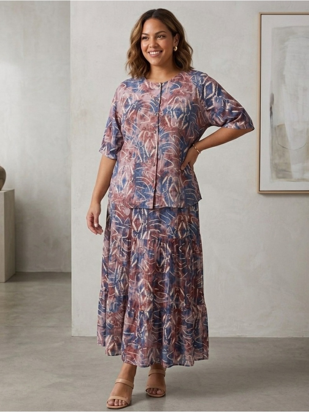 Victory 2-Piece Button Down Top and Skirt Set Outfit Blue Purple Cream Size M